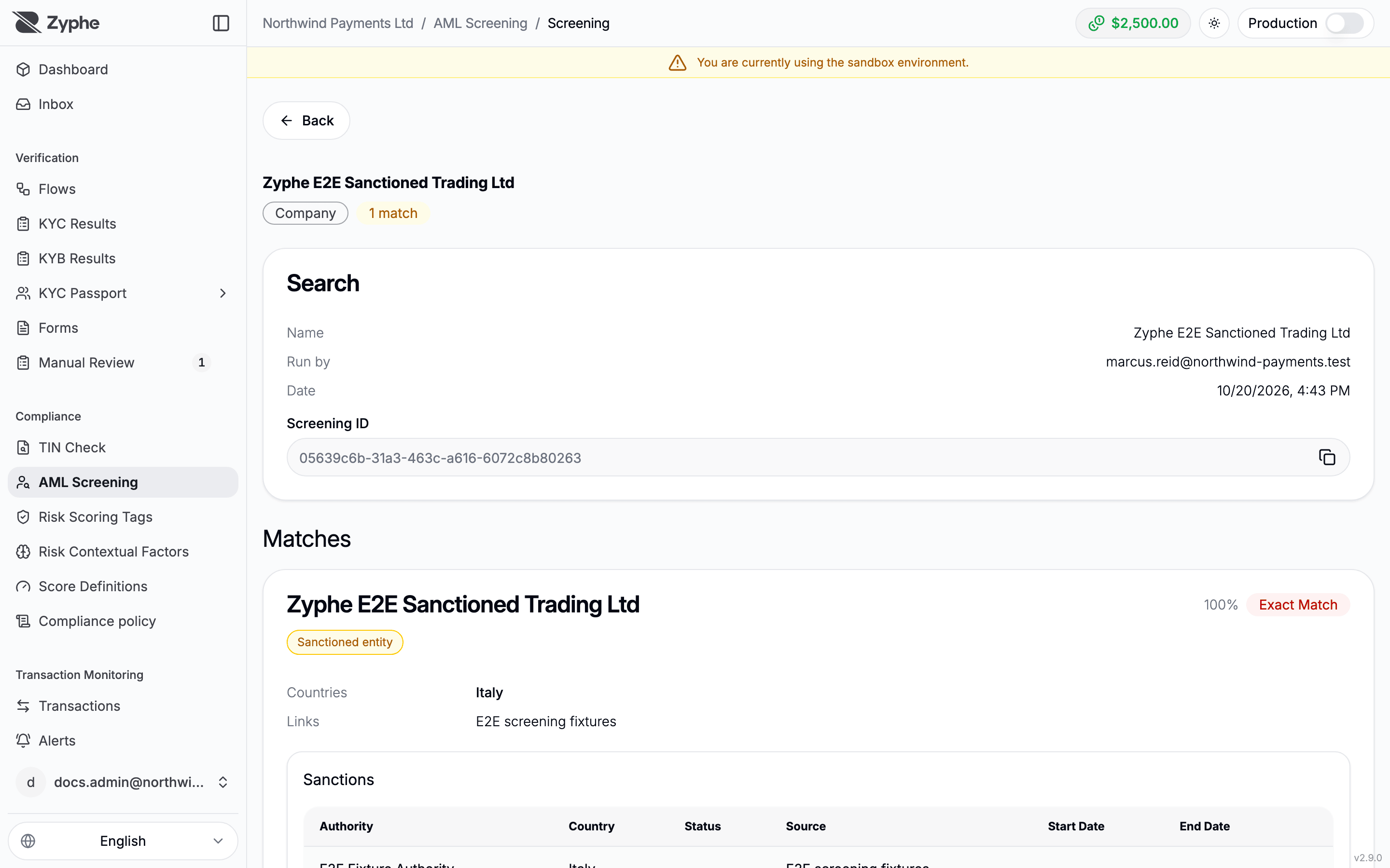 AML screening detail page with a match