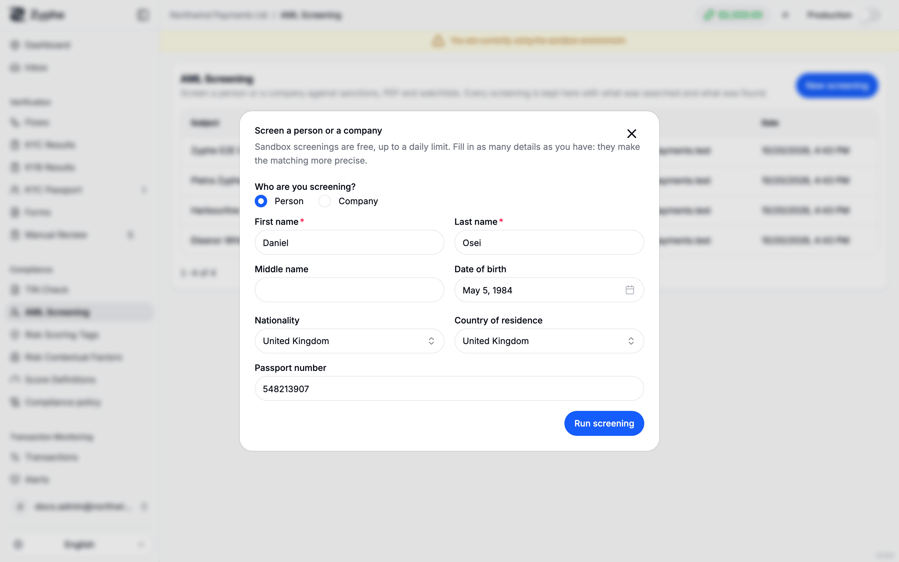 New screening dialog with a person's details filled in