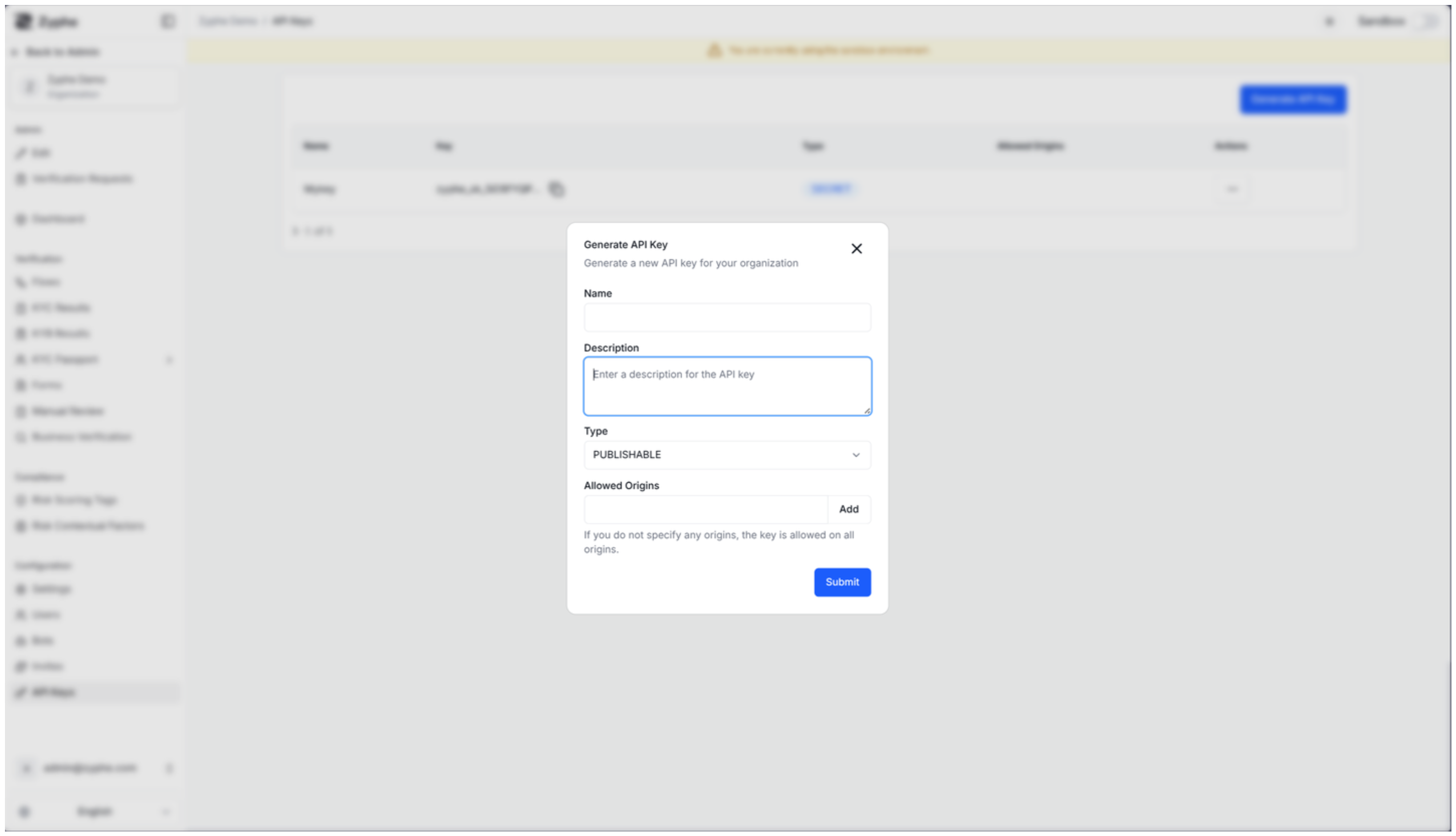 Generate API Key dialog