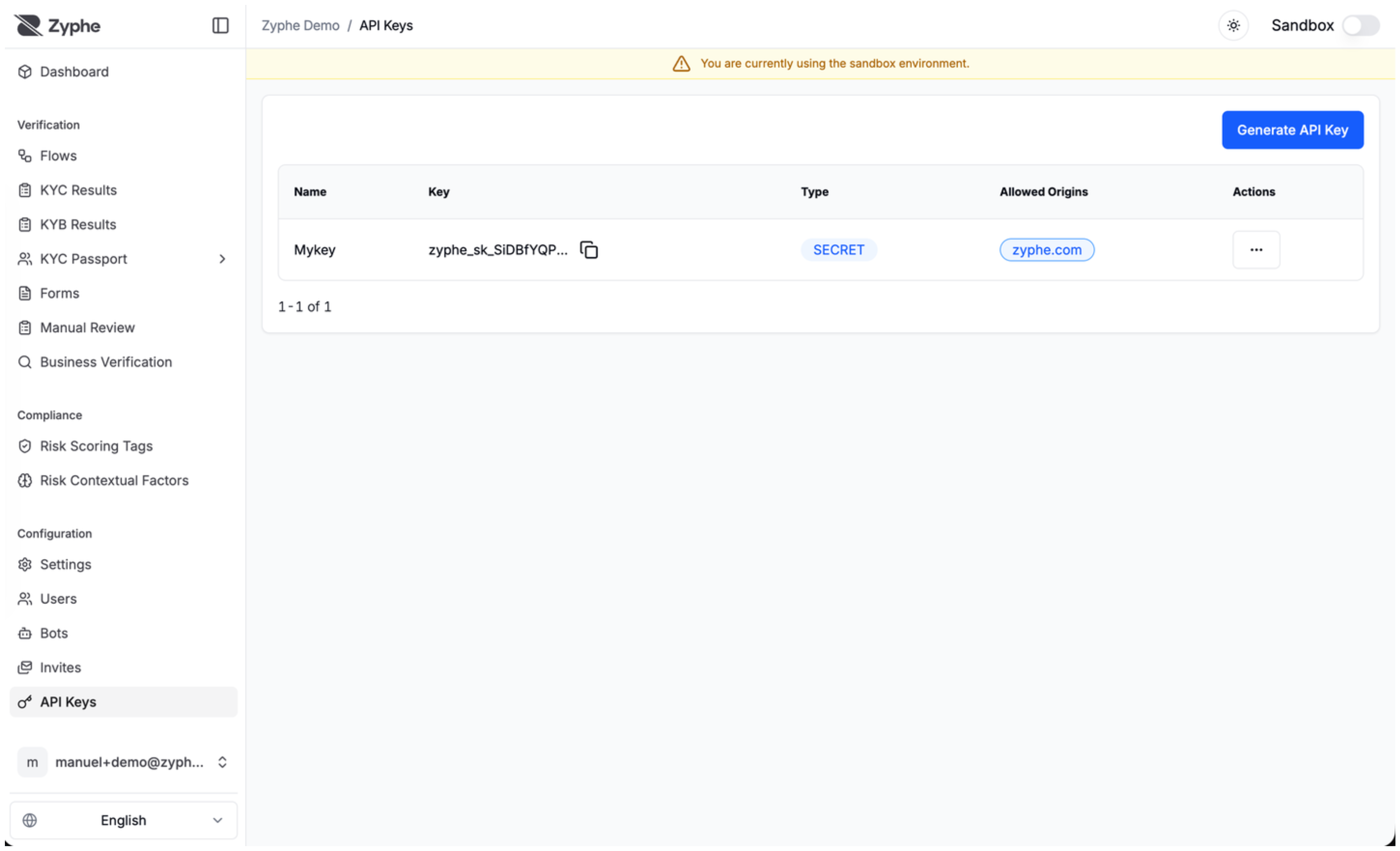 API Keys page showing a generated secret key