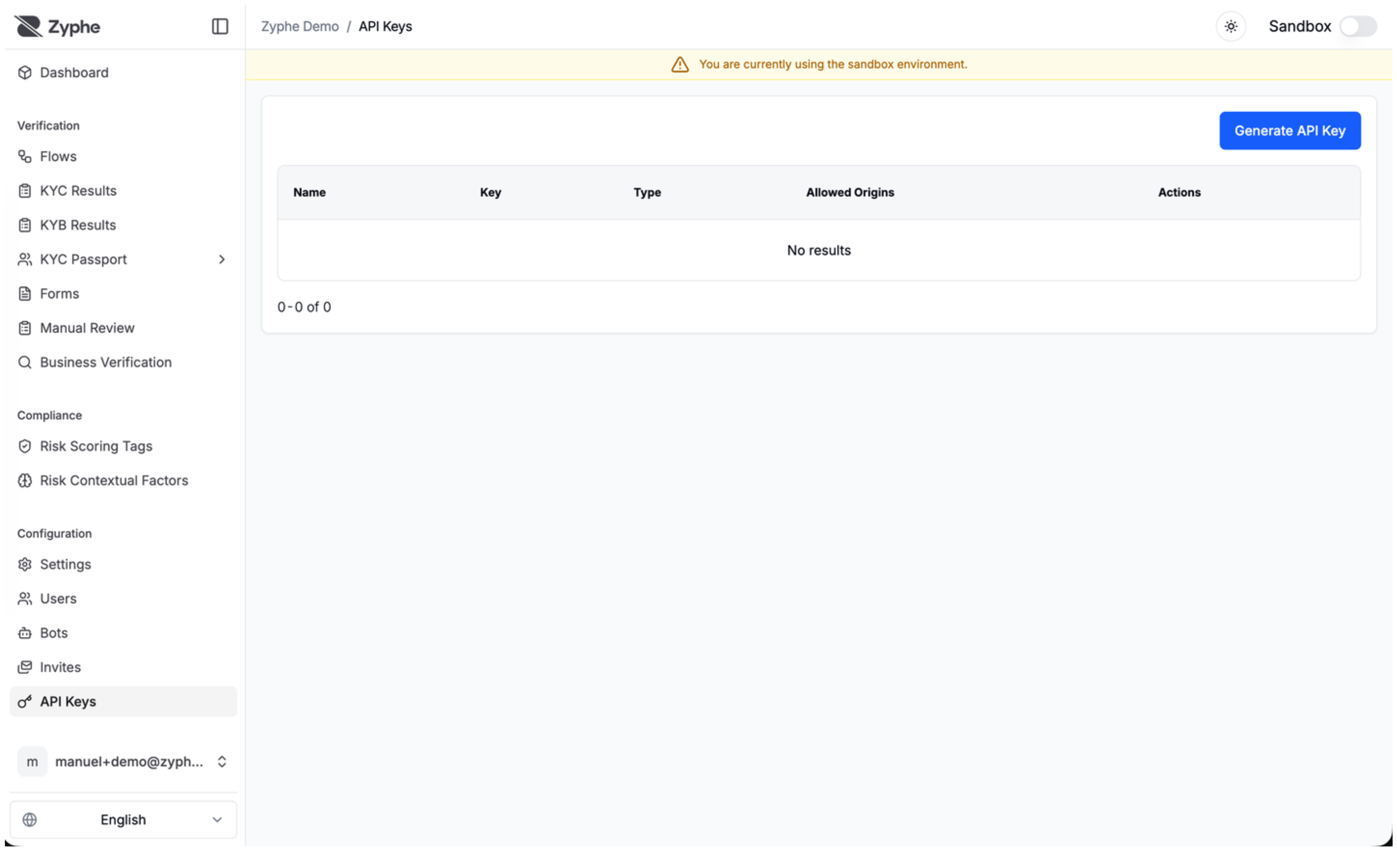 API Keys page with Generate API Key button