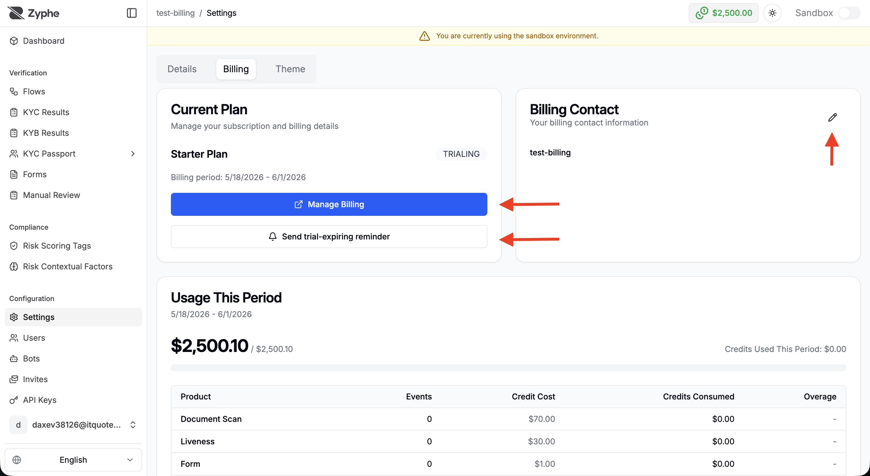 Billing page actions for manage billing, billing contact, and trial reminder