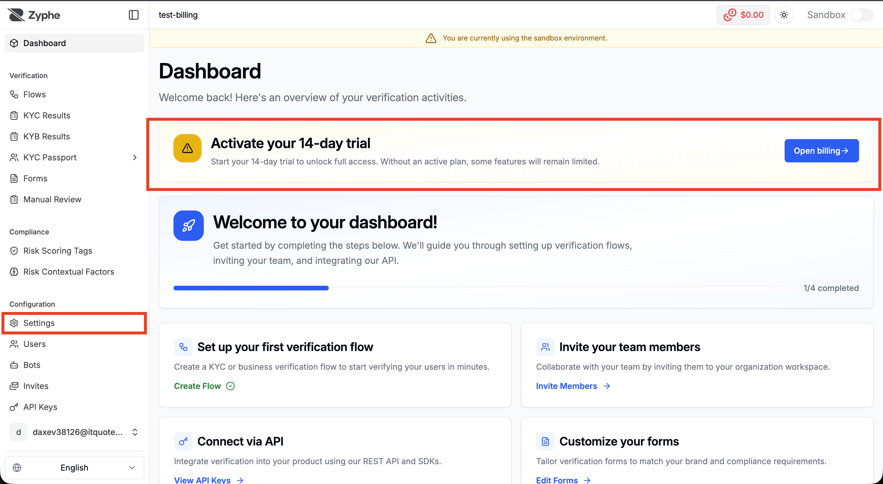 Dashboard showing trial banner and Settings navigation for billing