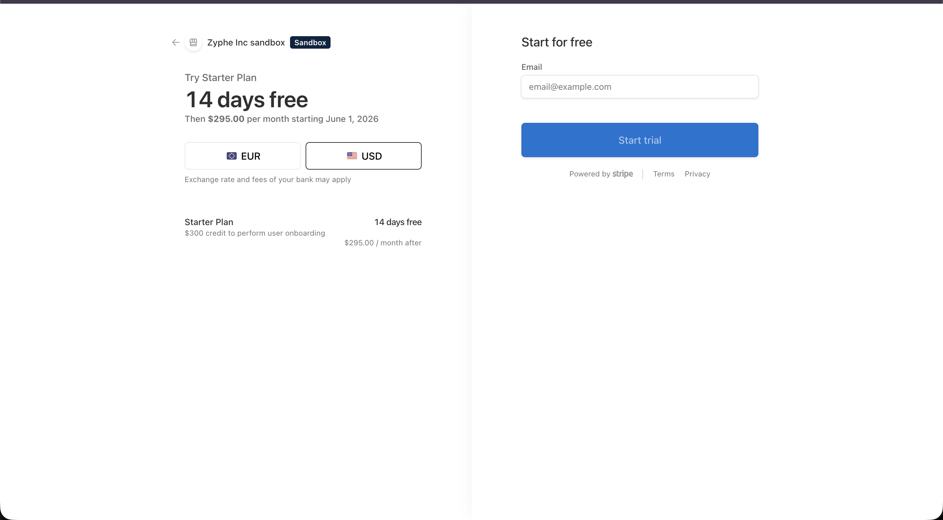 Stripe checkout page for starting a trial