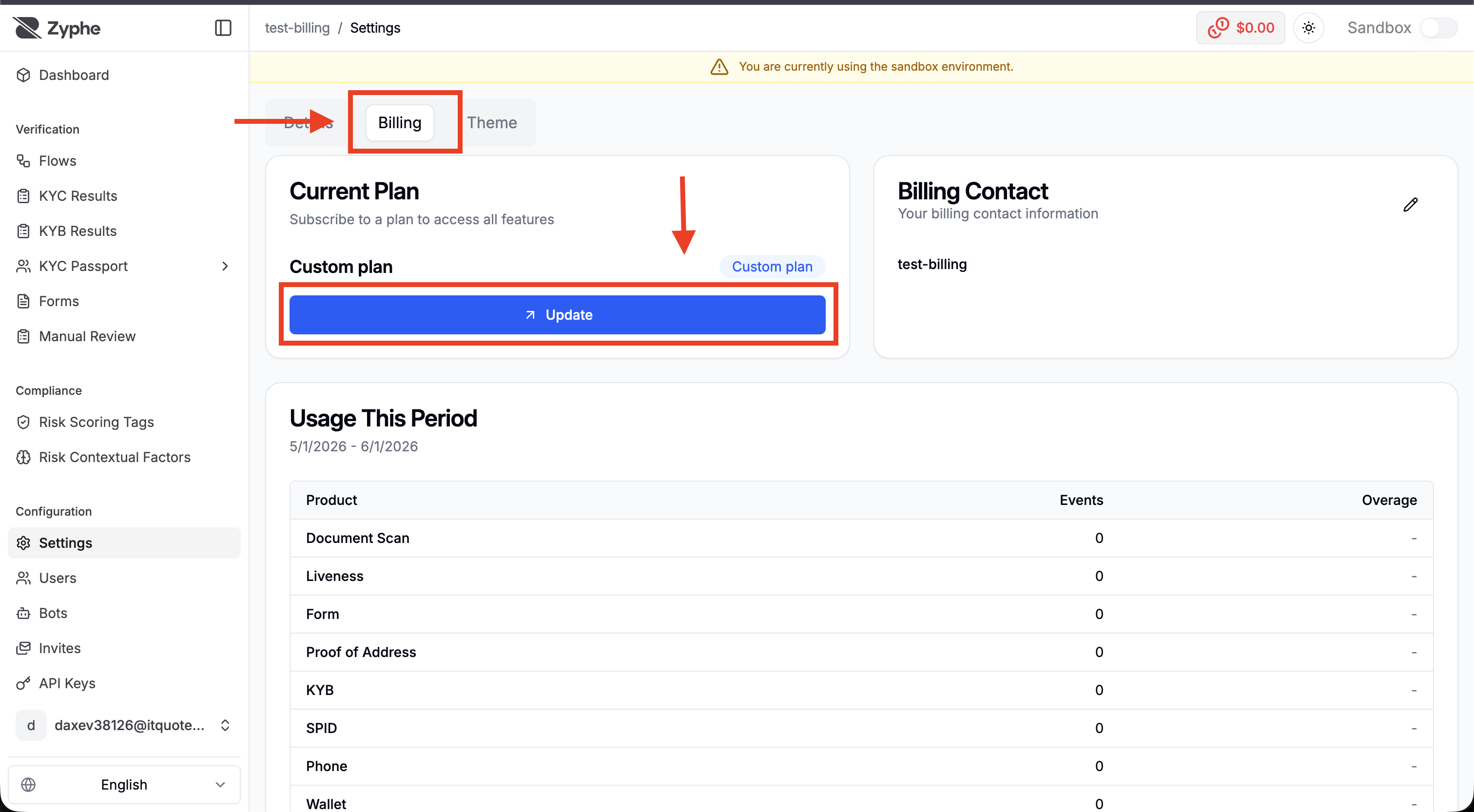 Billing tab showing current plan and update action