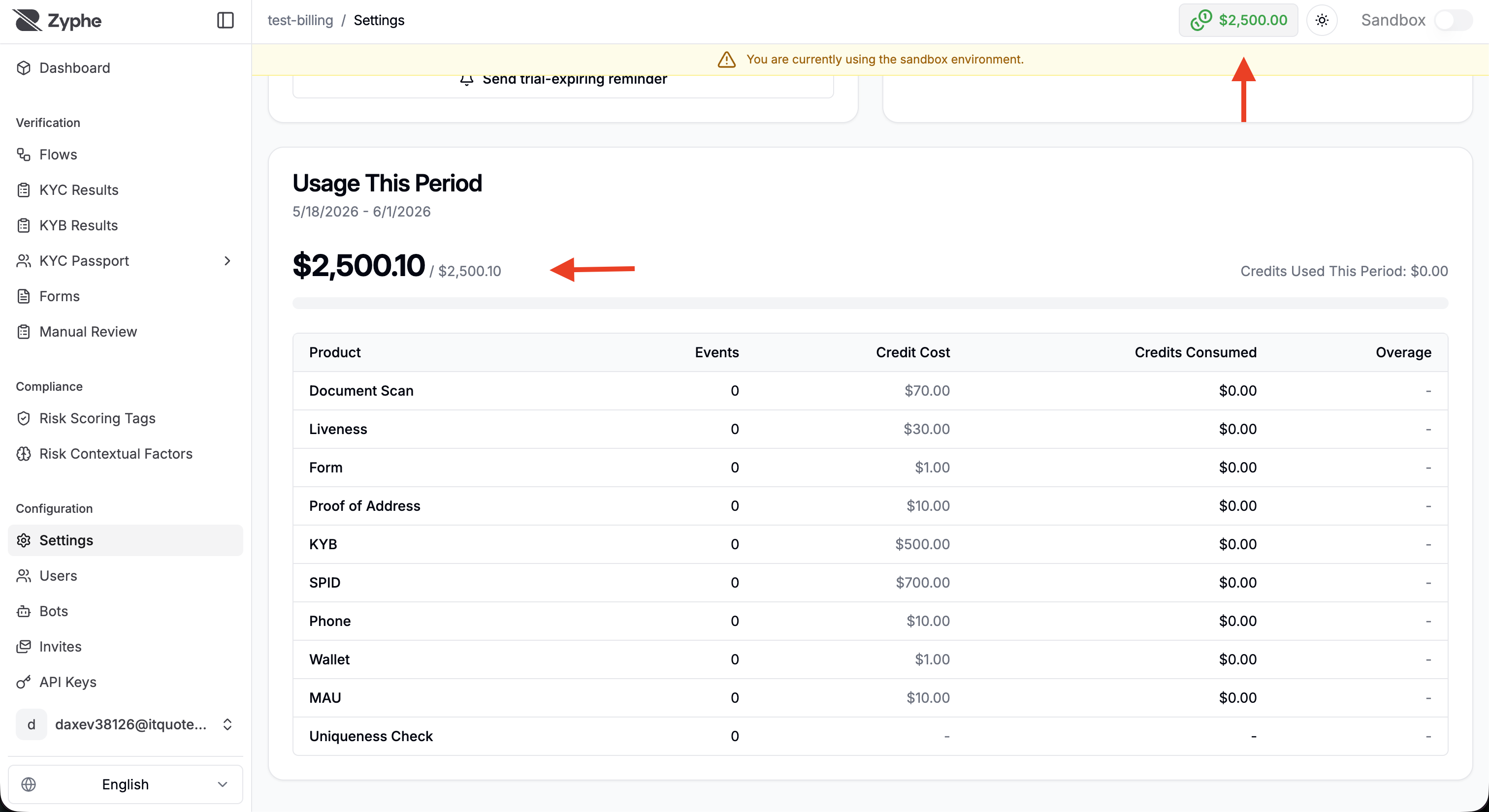 Billing usage section and remaining credits in the top bar