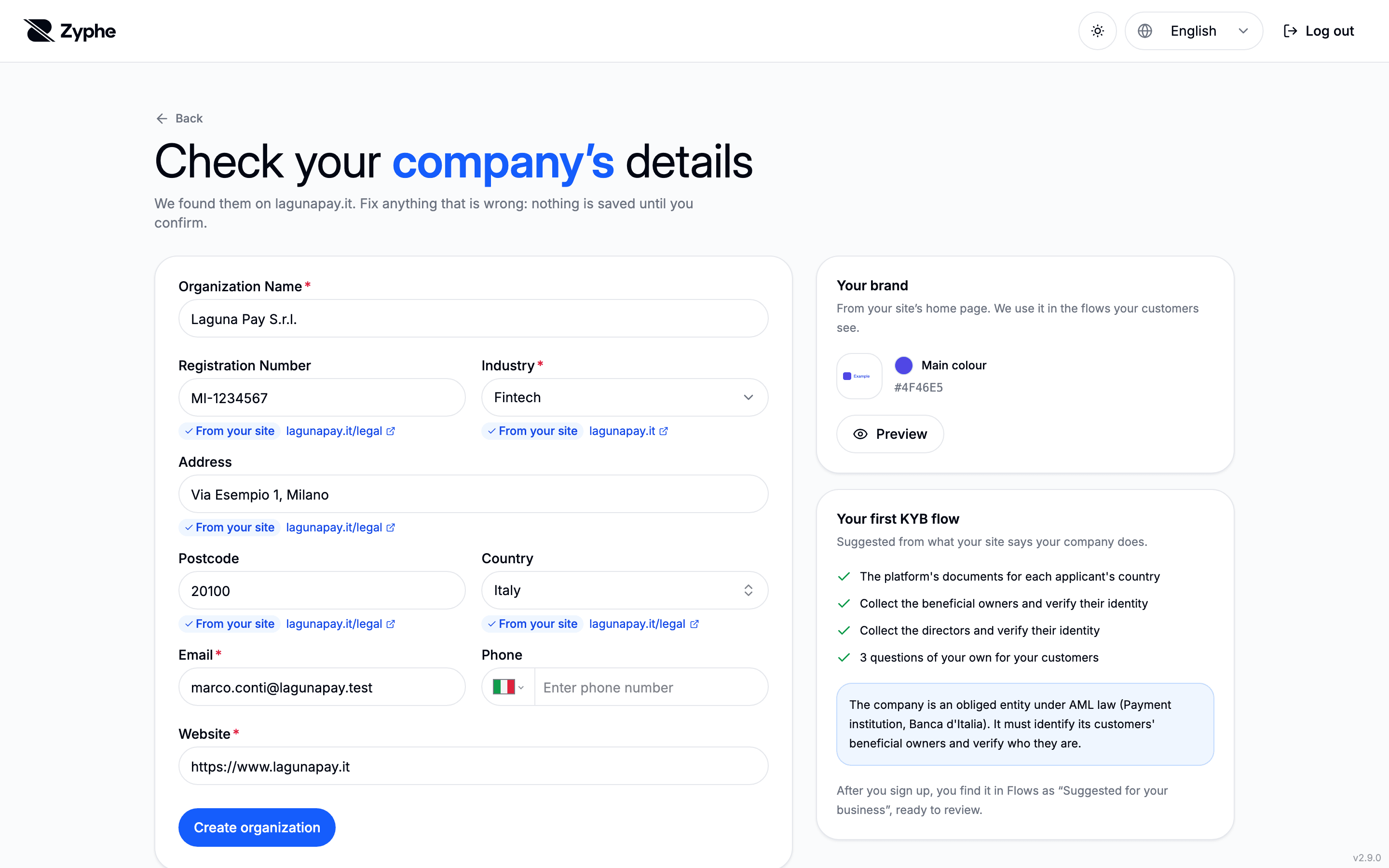 Check your company's details, prefilled from the website, with the brand and KYB flow suggestions beside the form