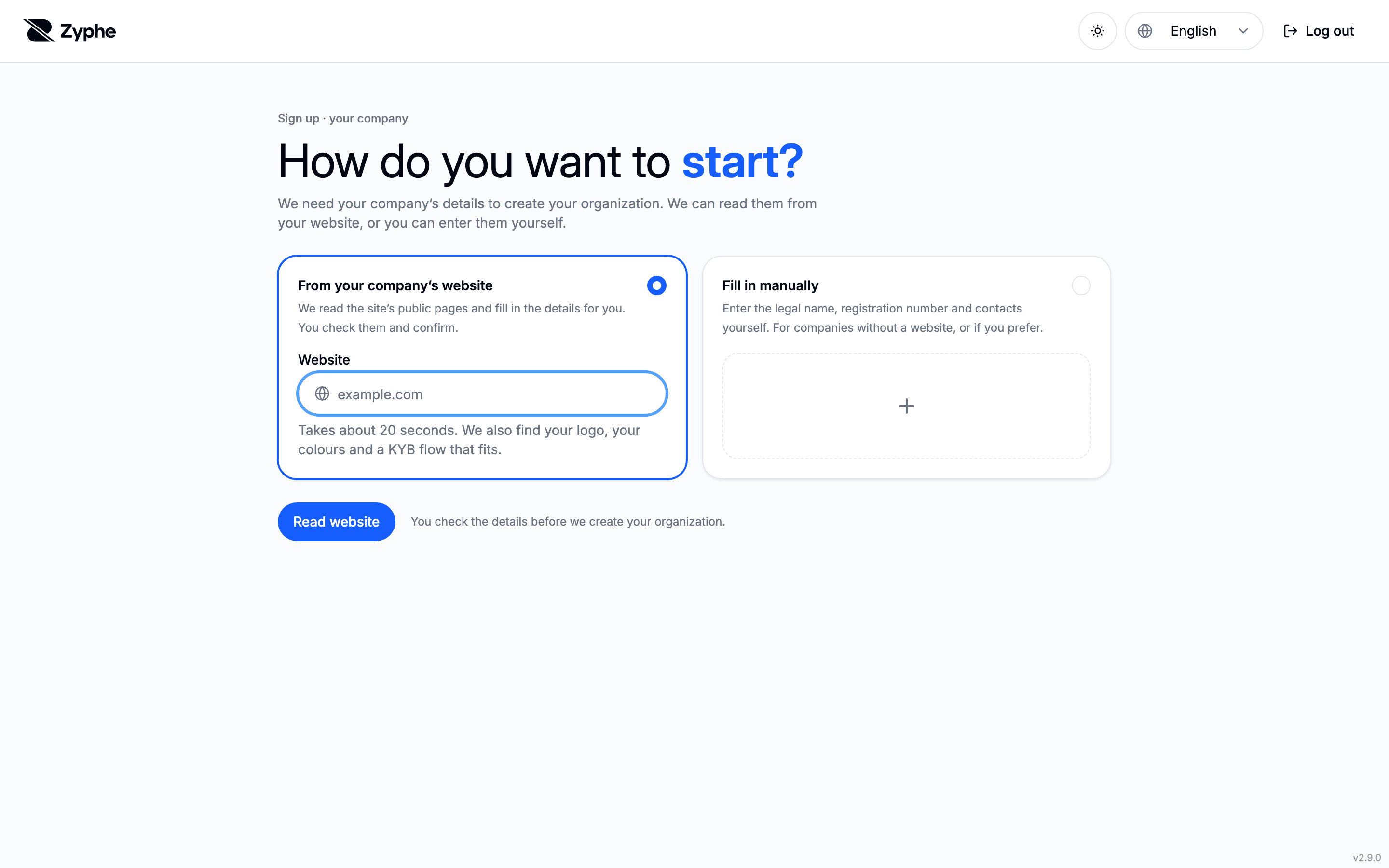How do you want to start? with the From your company's website and Fill in manually options