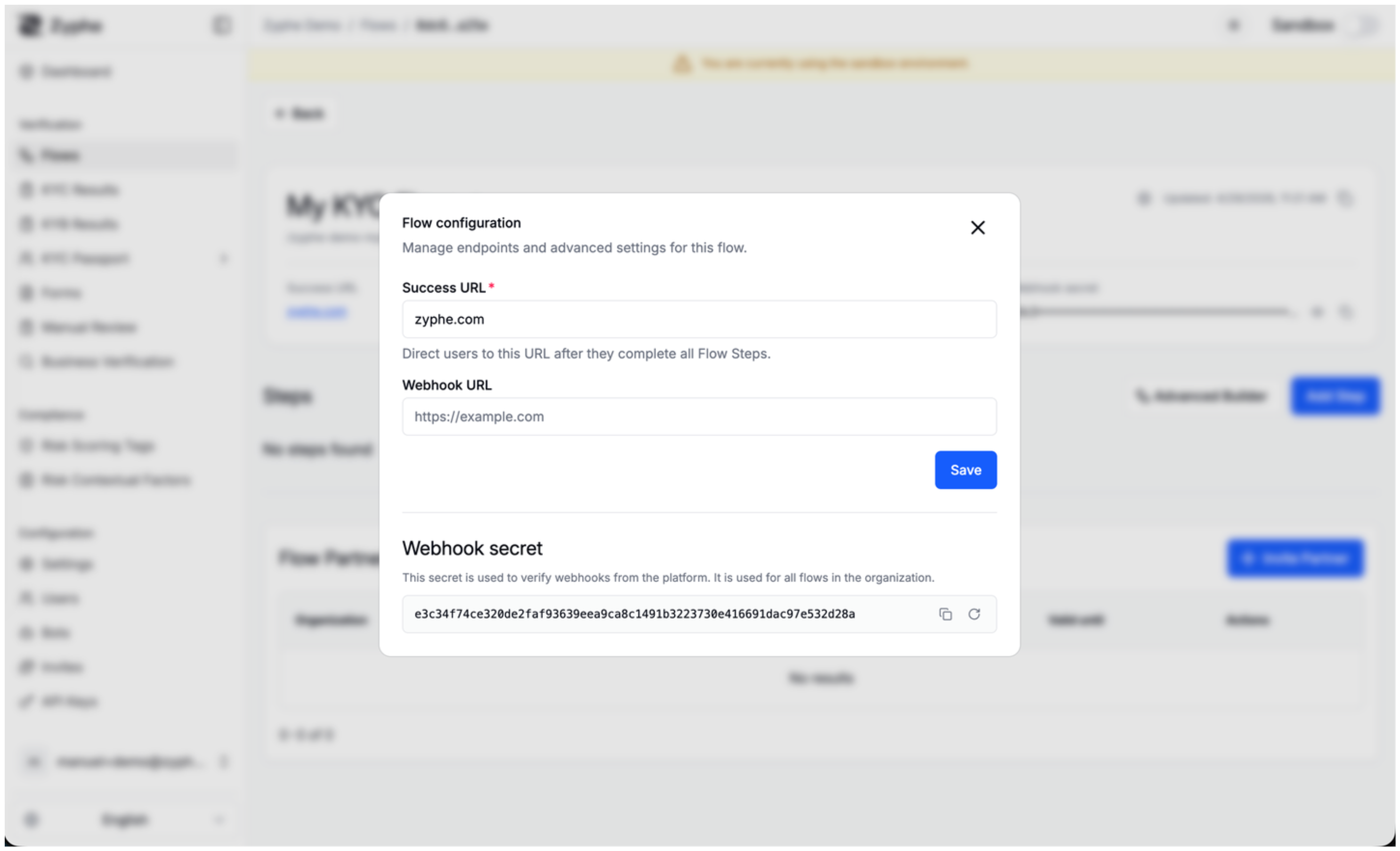 Flow configuration panel with success URL, webhook URL, and webhook secret