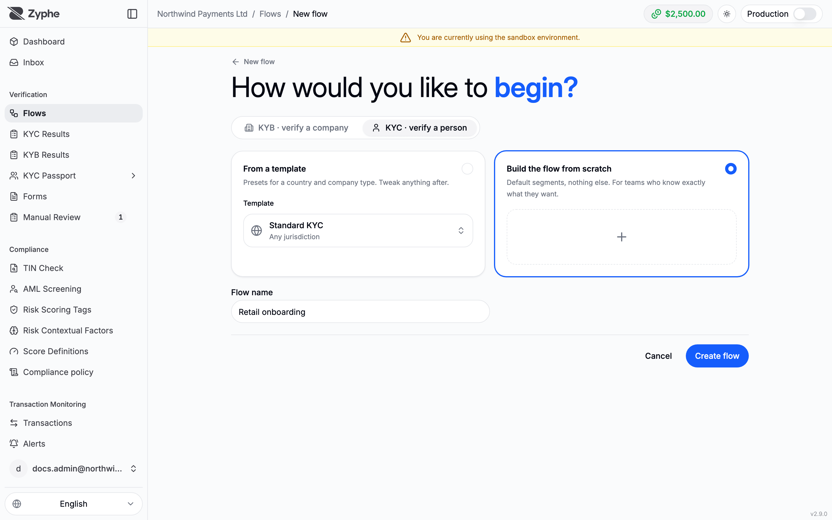 New flow page with the KYC tab, the From a template and Build the flow from scratch options, and the Flow name field