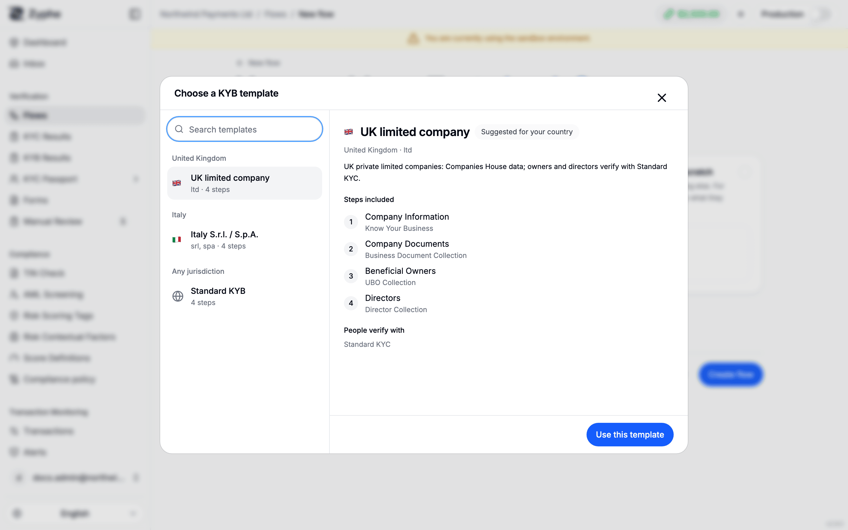 Template picker grouped by jurisdiction, with a template marked Suggested for your country and its steps