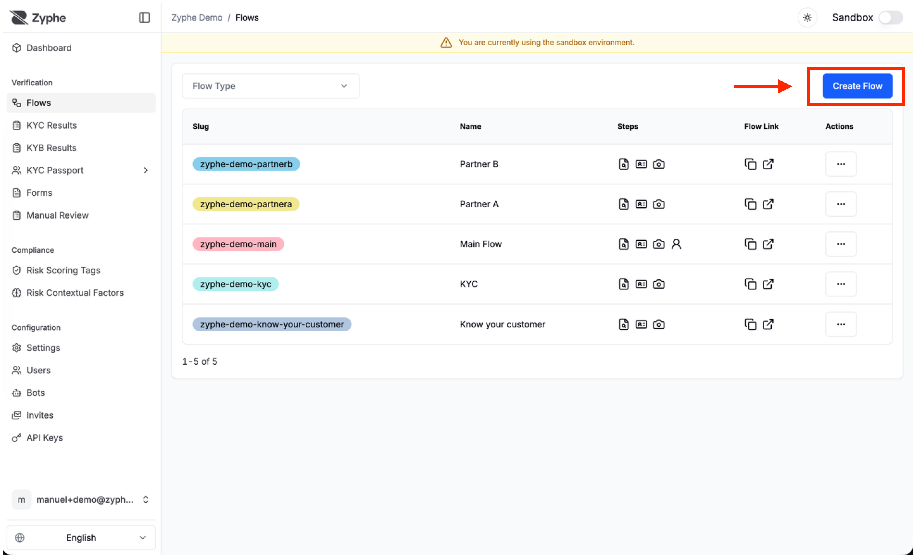 Flows list with the Create Flow button