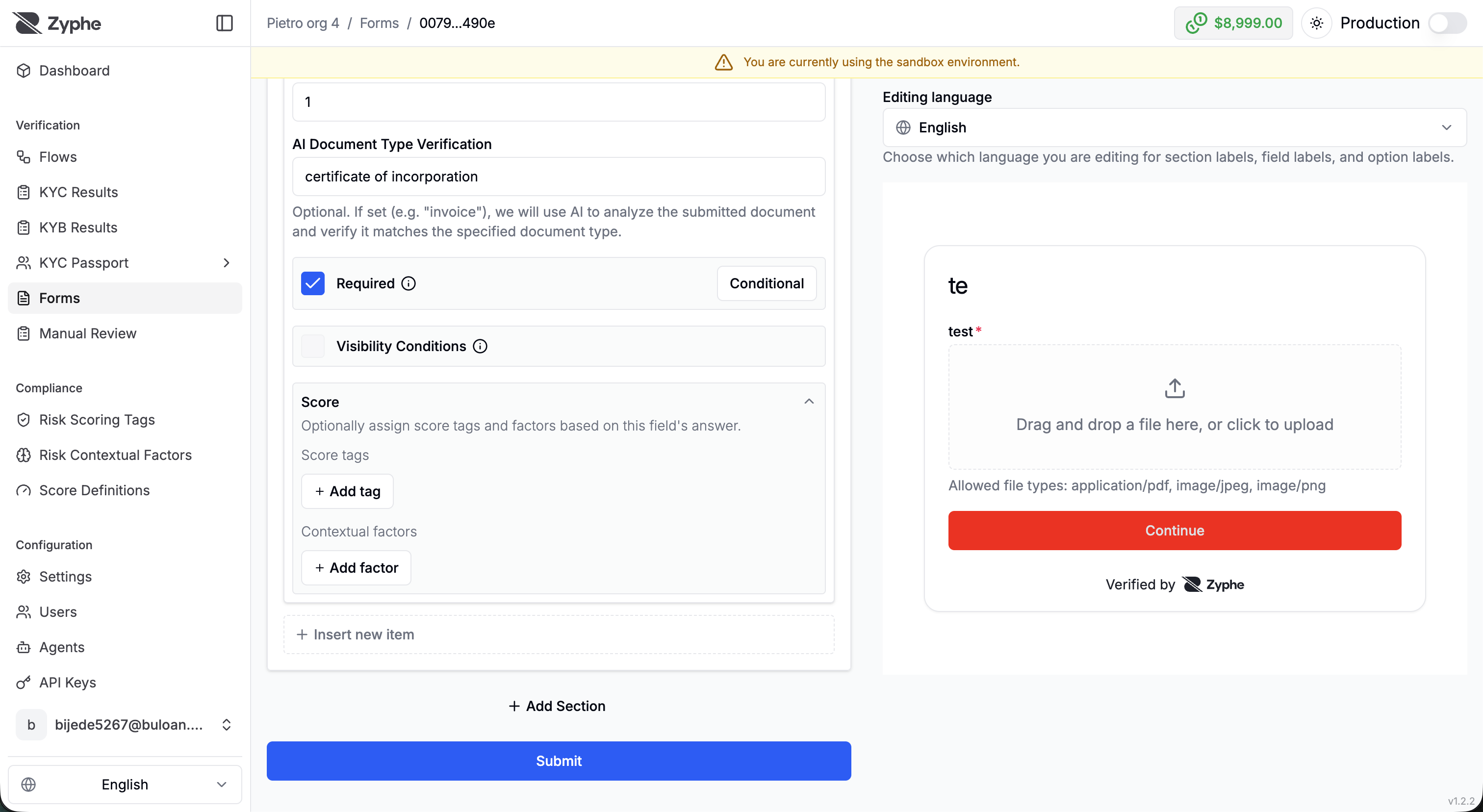 Score panel inside a form field's settings