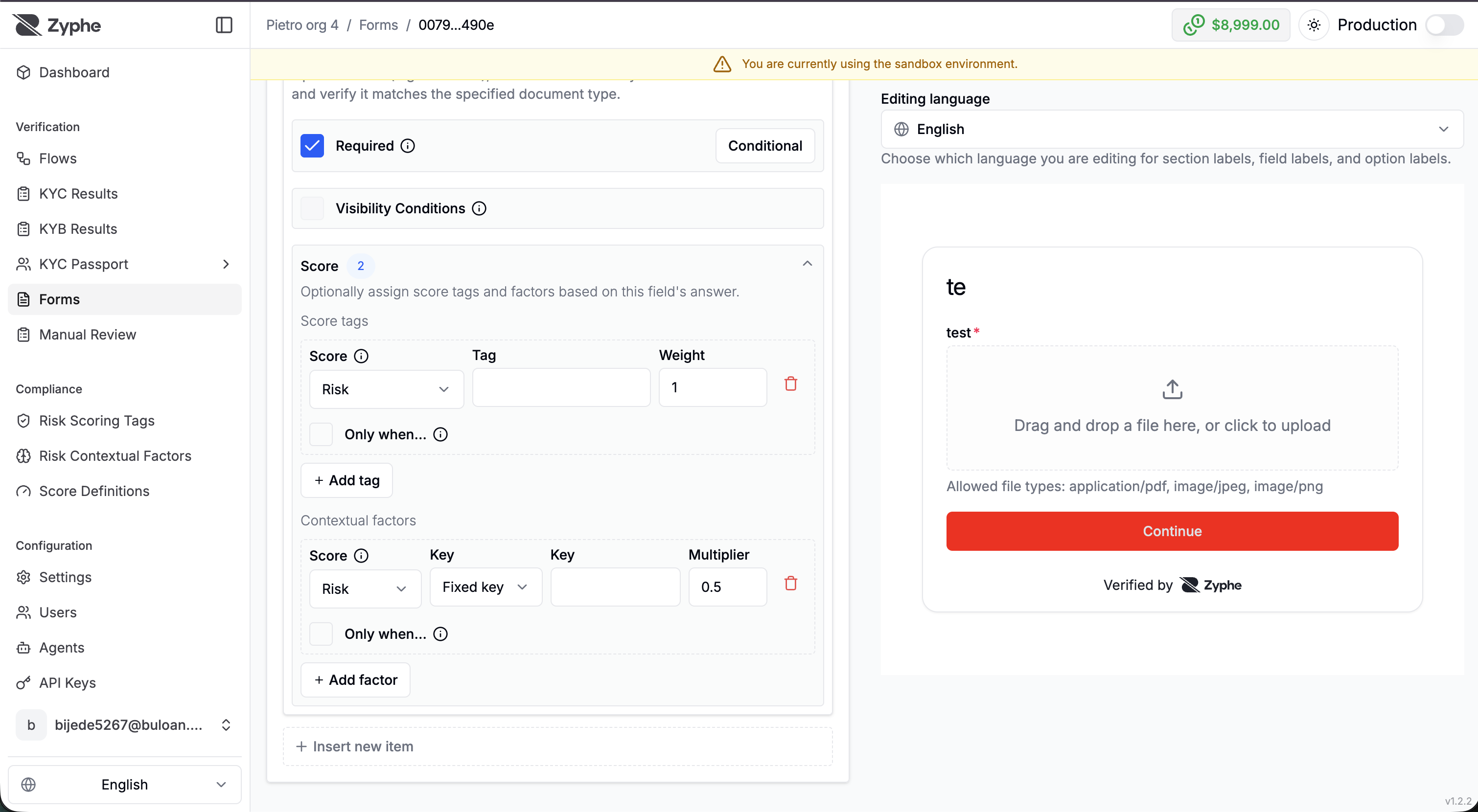 Score tags and contextual factors configuration on a form field