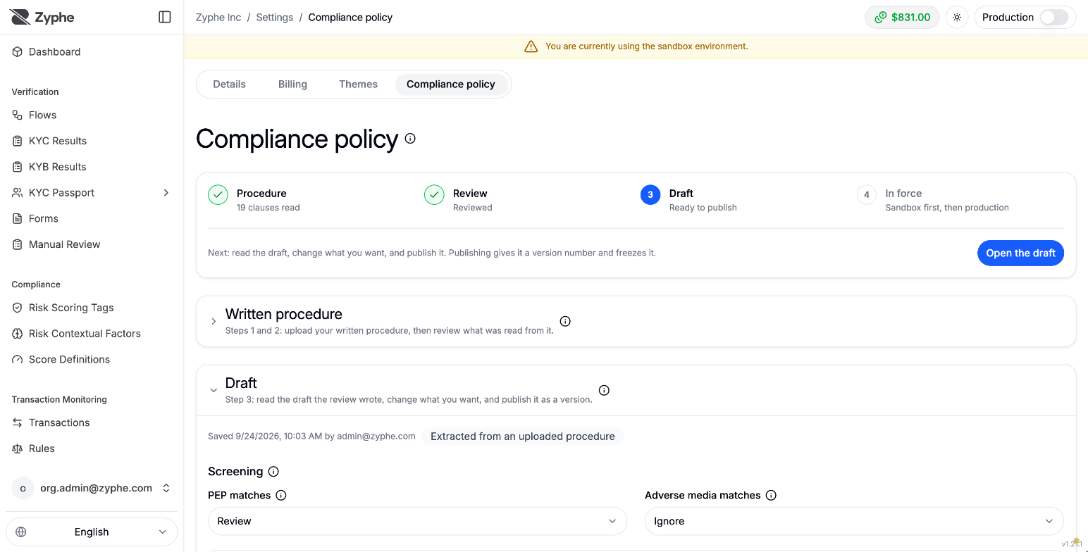 Compliance policy page with the Procedure, Review, Draft, and In force steps