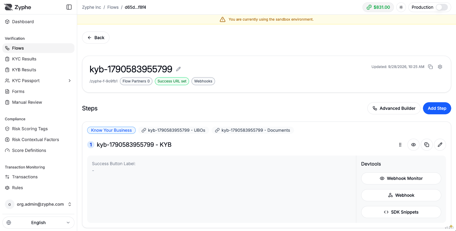 Flow page showing the Know Your Business step with its linked UBO and document steps