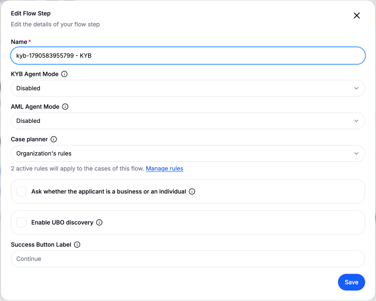 Edit Flow Step dialog for the Know Your Business step with agent modes, case planner, business or individual question, and UBO discovery
