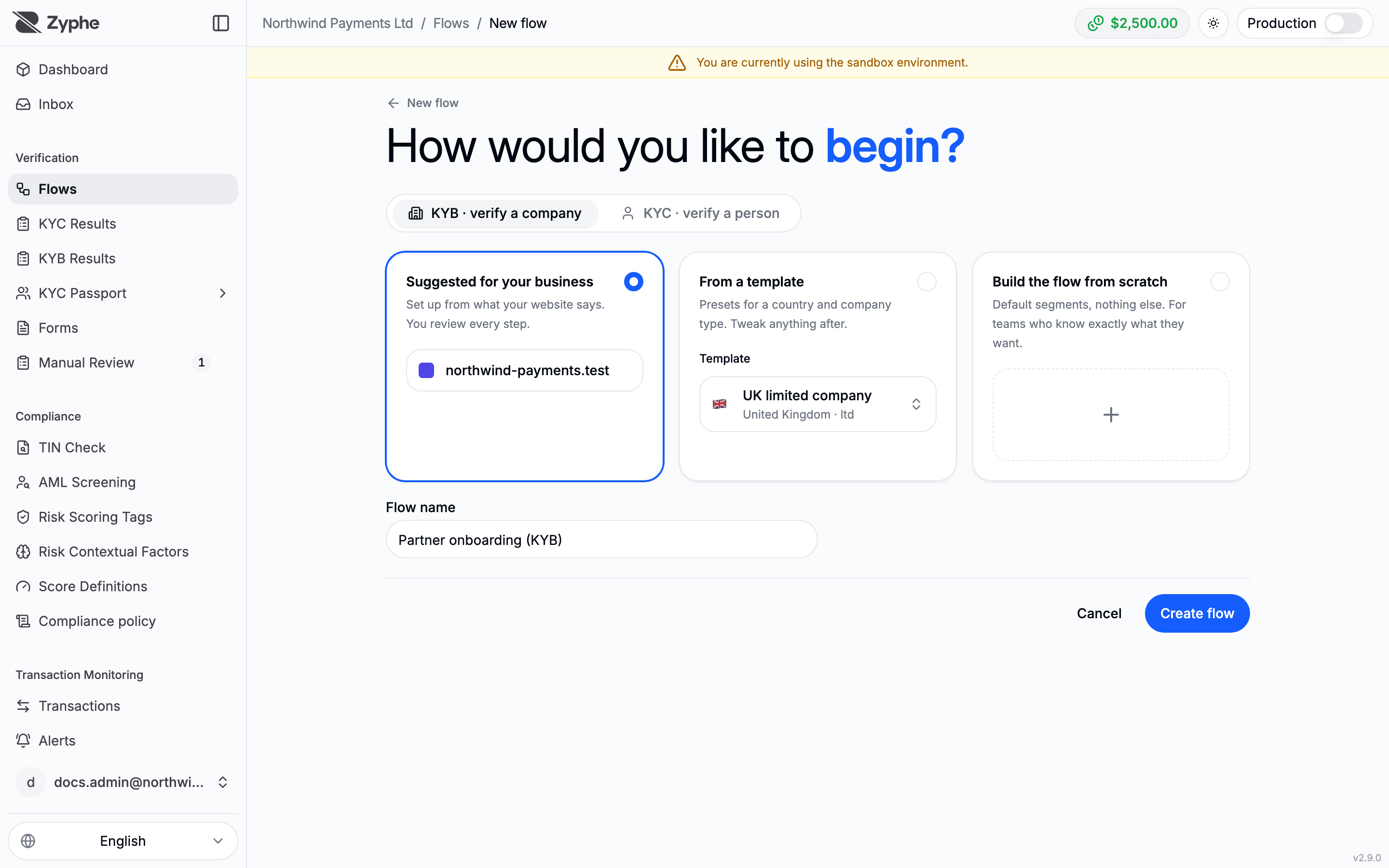 New flow page with the KYB tab selected, the three ways to start, and the Flow name field