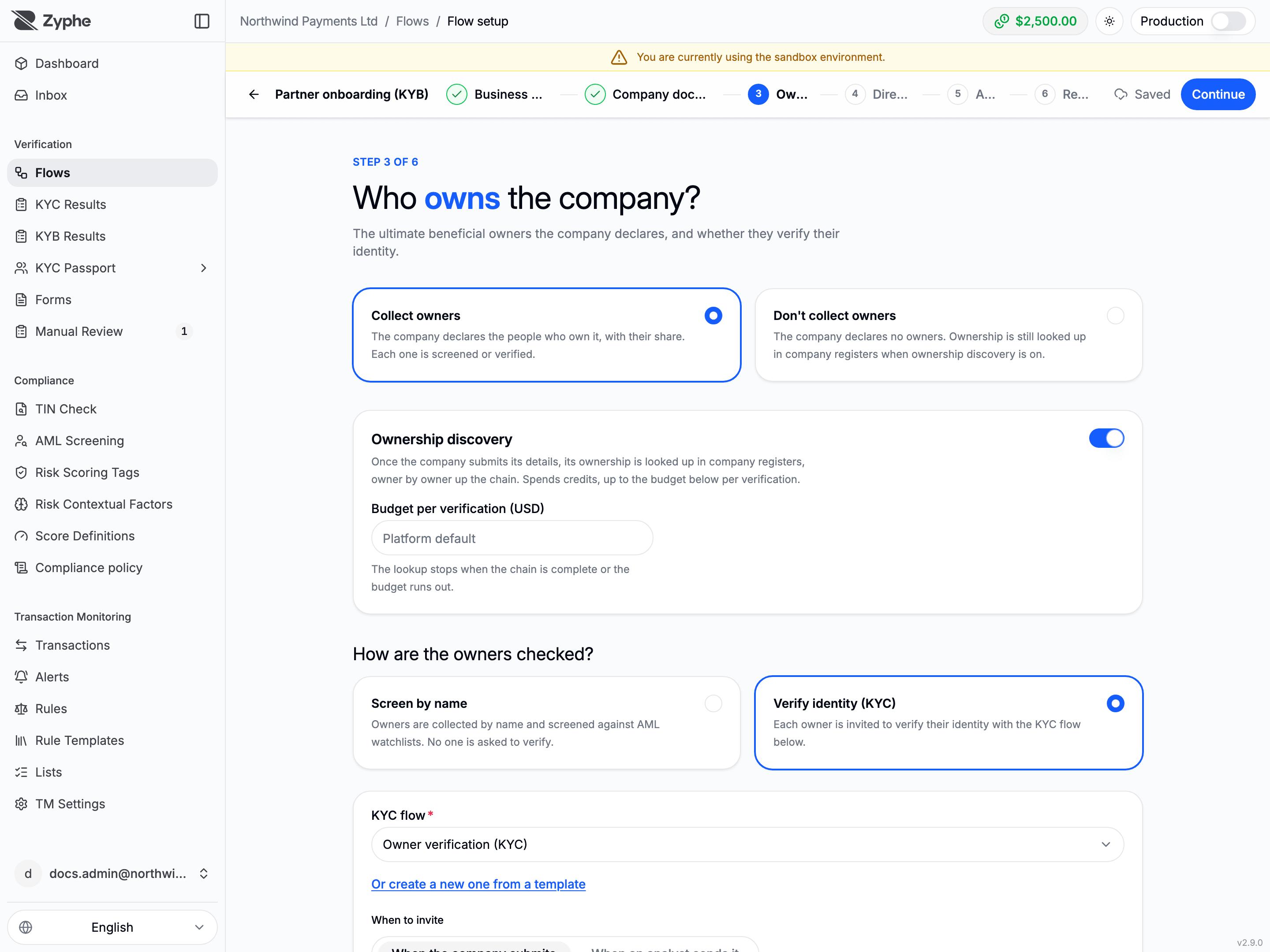 Guided KYB setup on the Owners segment, with Collect owners selected, the KYC choice, and Ownership discovery