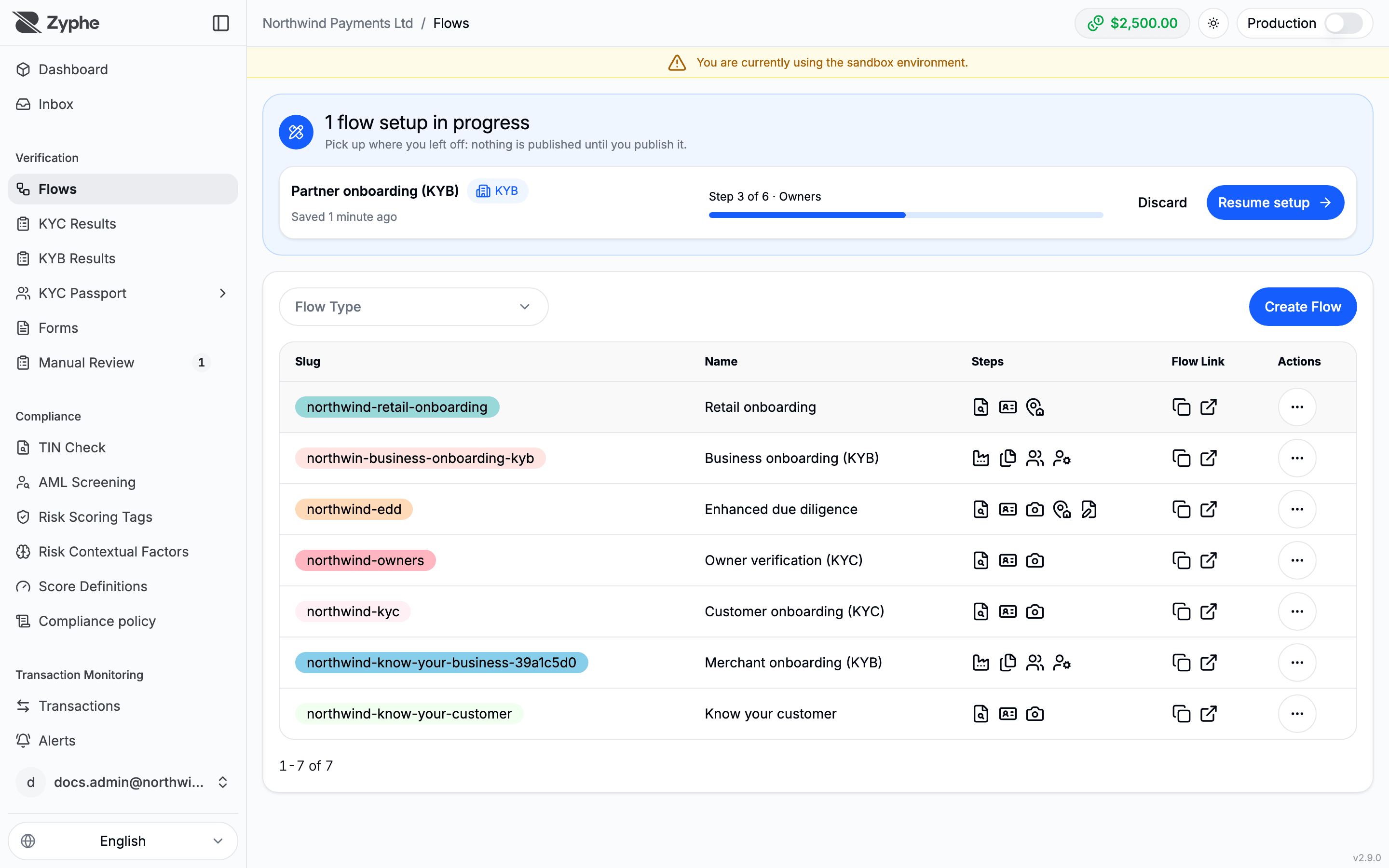 Flows page with a KYB flow setup in progress, its progress, and Resume setup and Discard