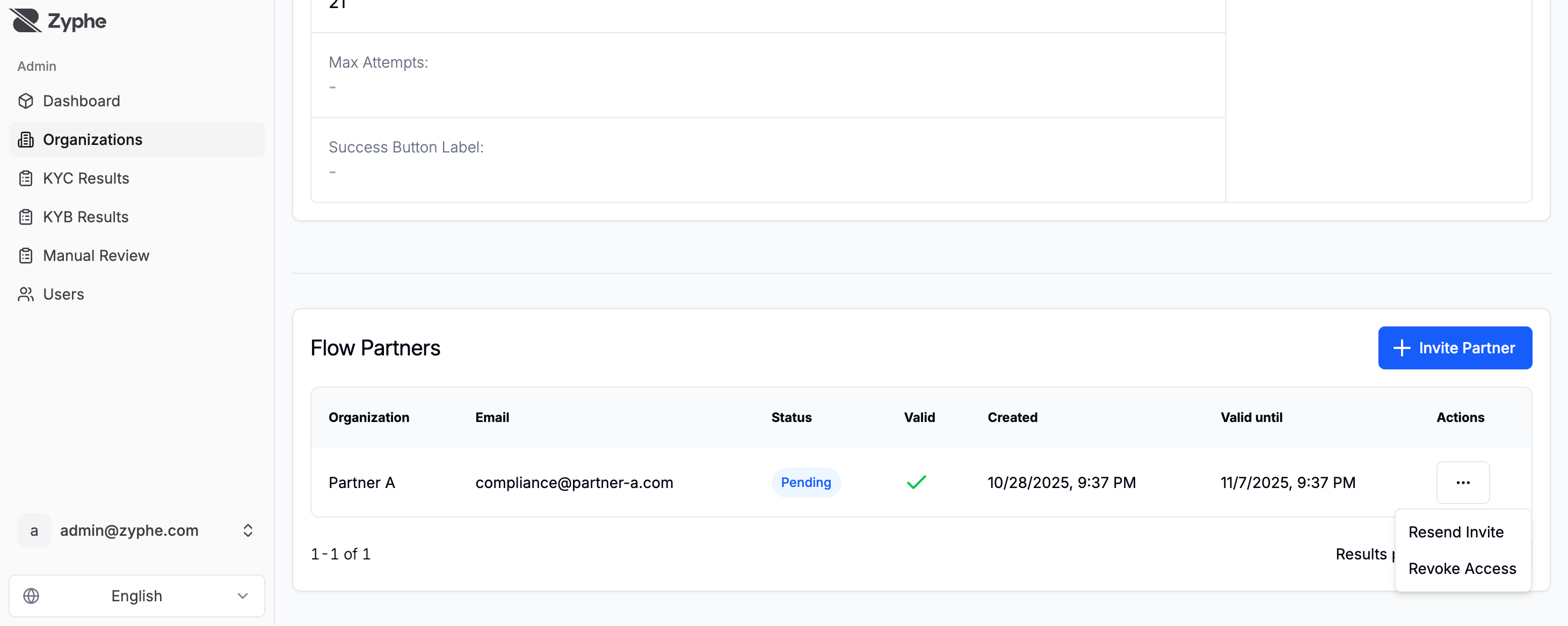 Context menu with partner management options