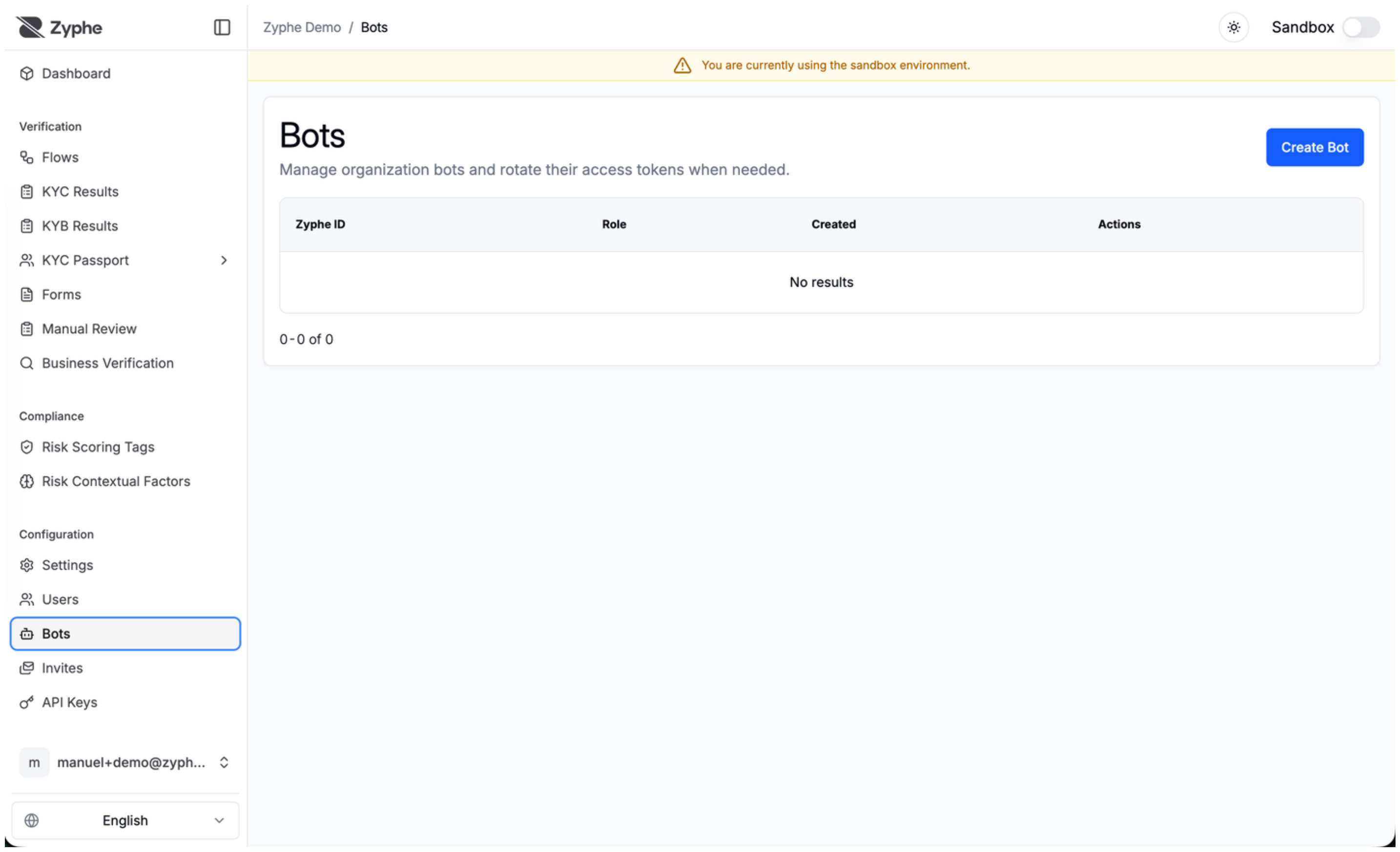 Bots page with Create Bot button