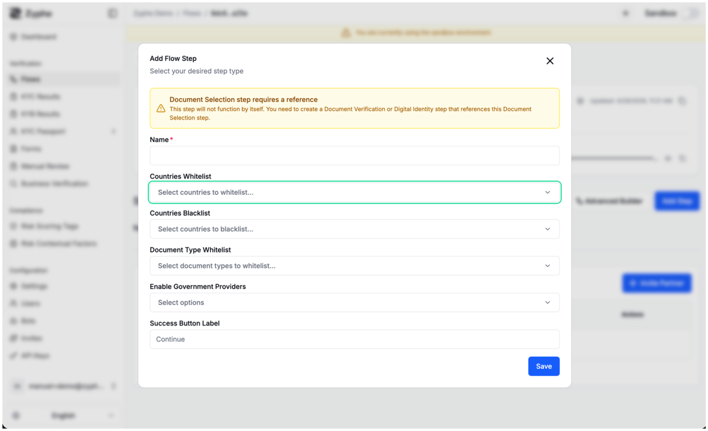 Add Flow Step dialog with Document Selection selected