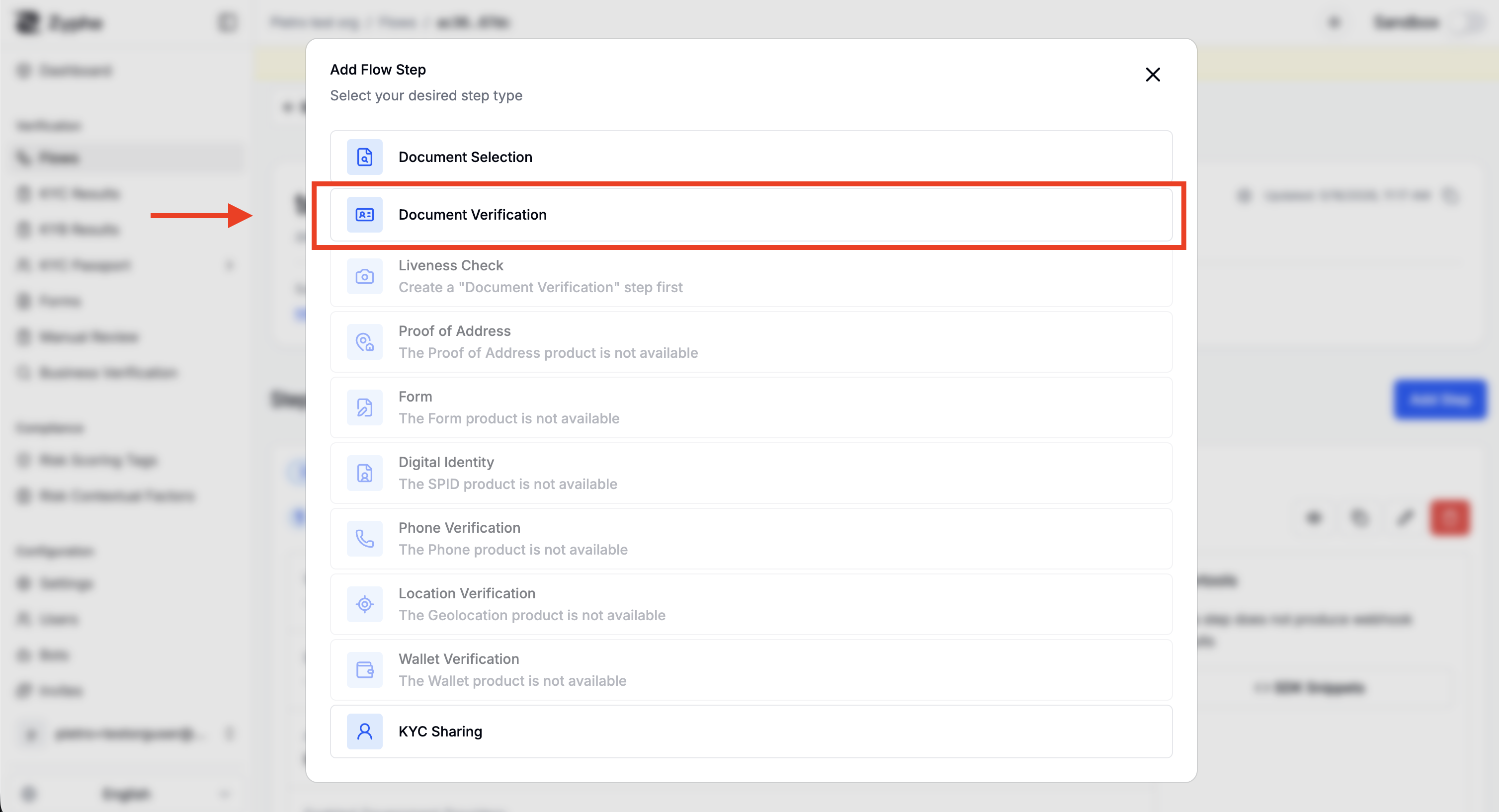 Add Flow Step dialog with available step types