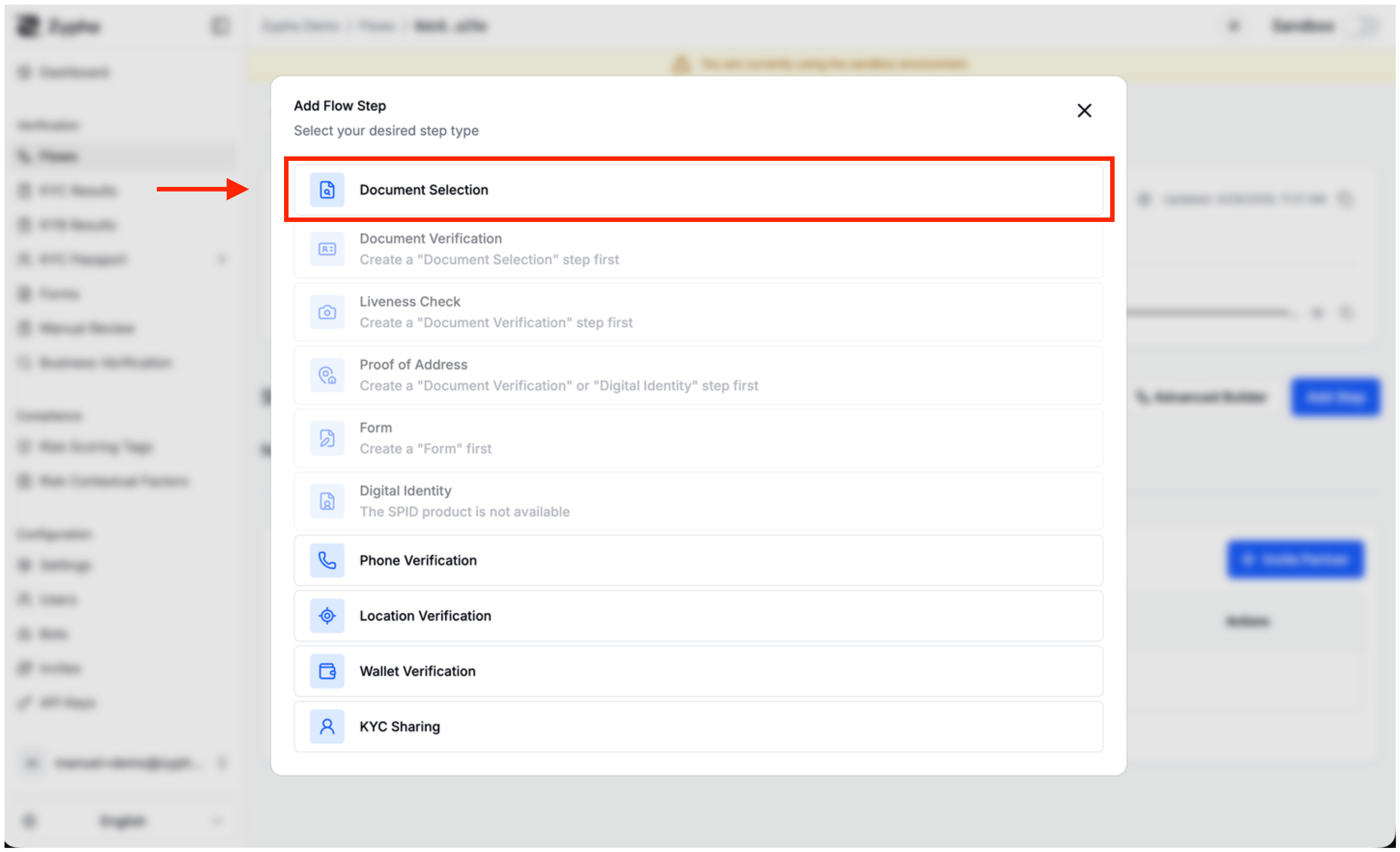 Add Flow Step dialog with available step types