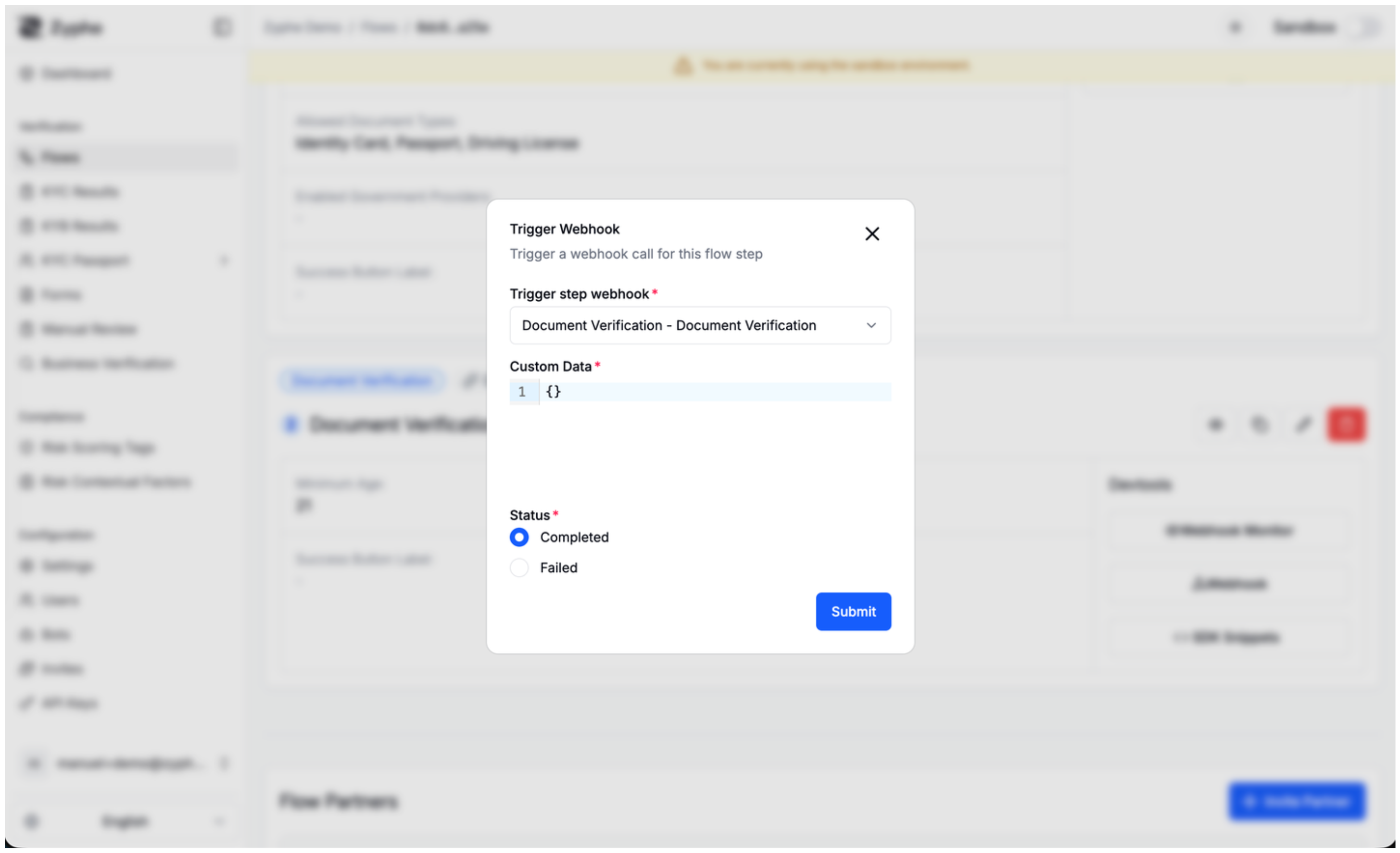 Trigger webhook dialog for a flow step