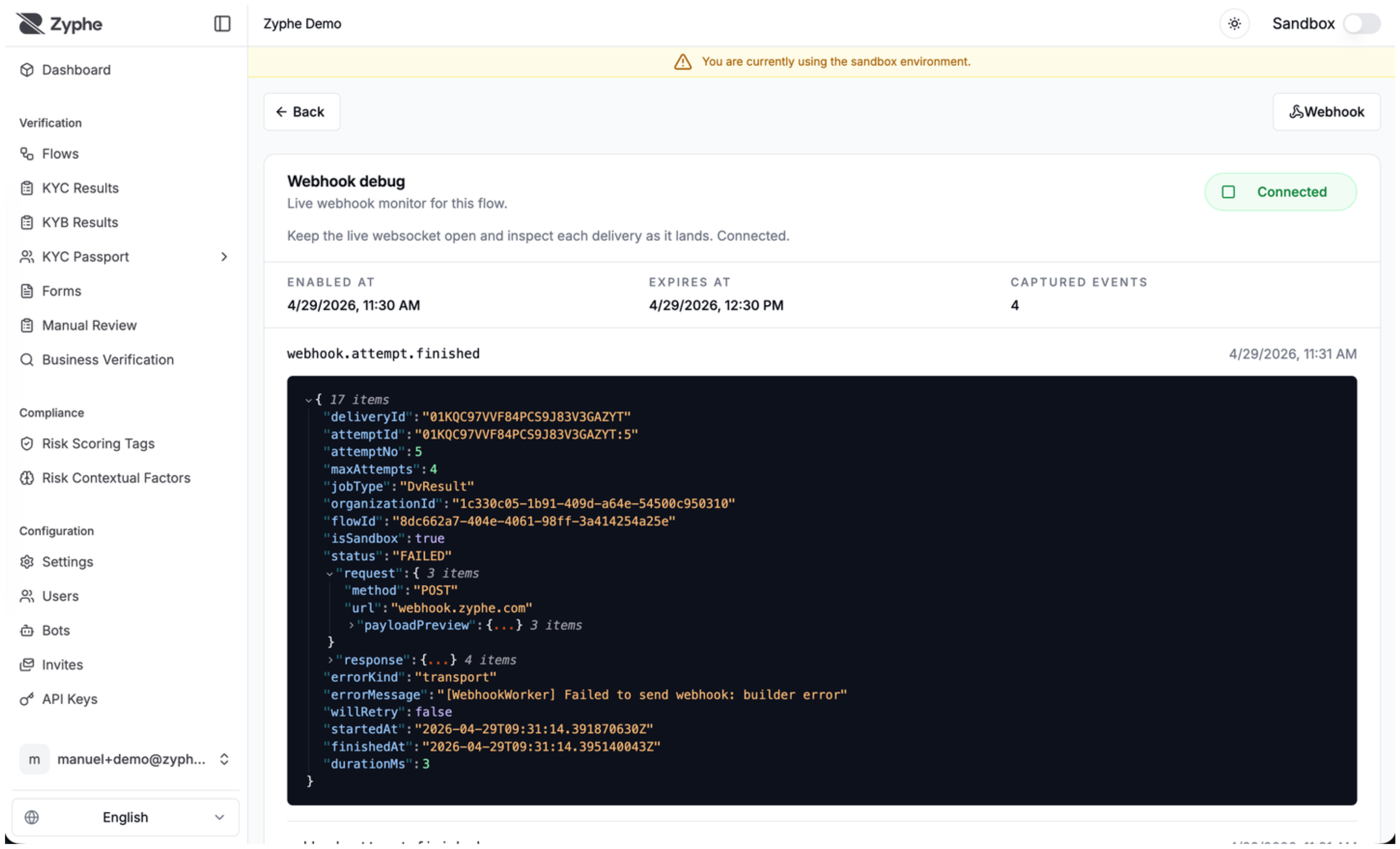 Webhook monitor showing captured webhook events