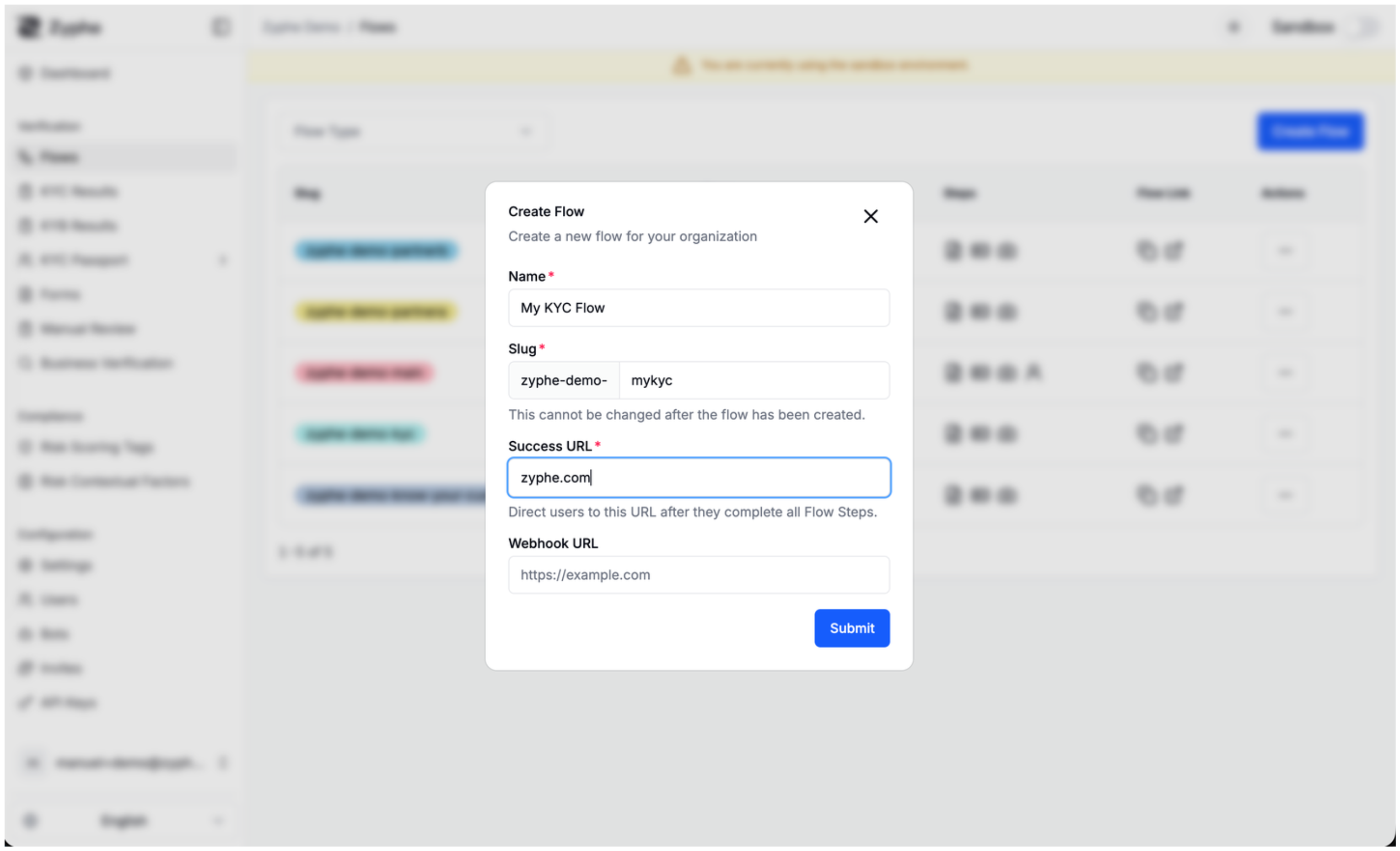 Create KYC flow configuration form