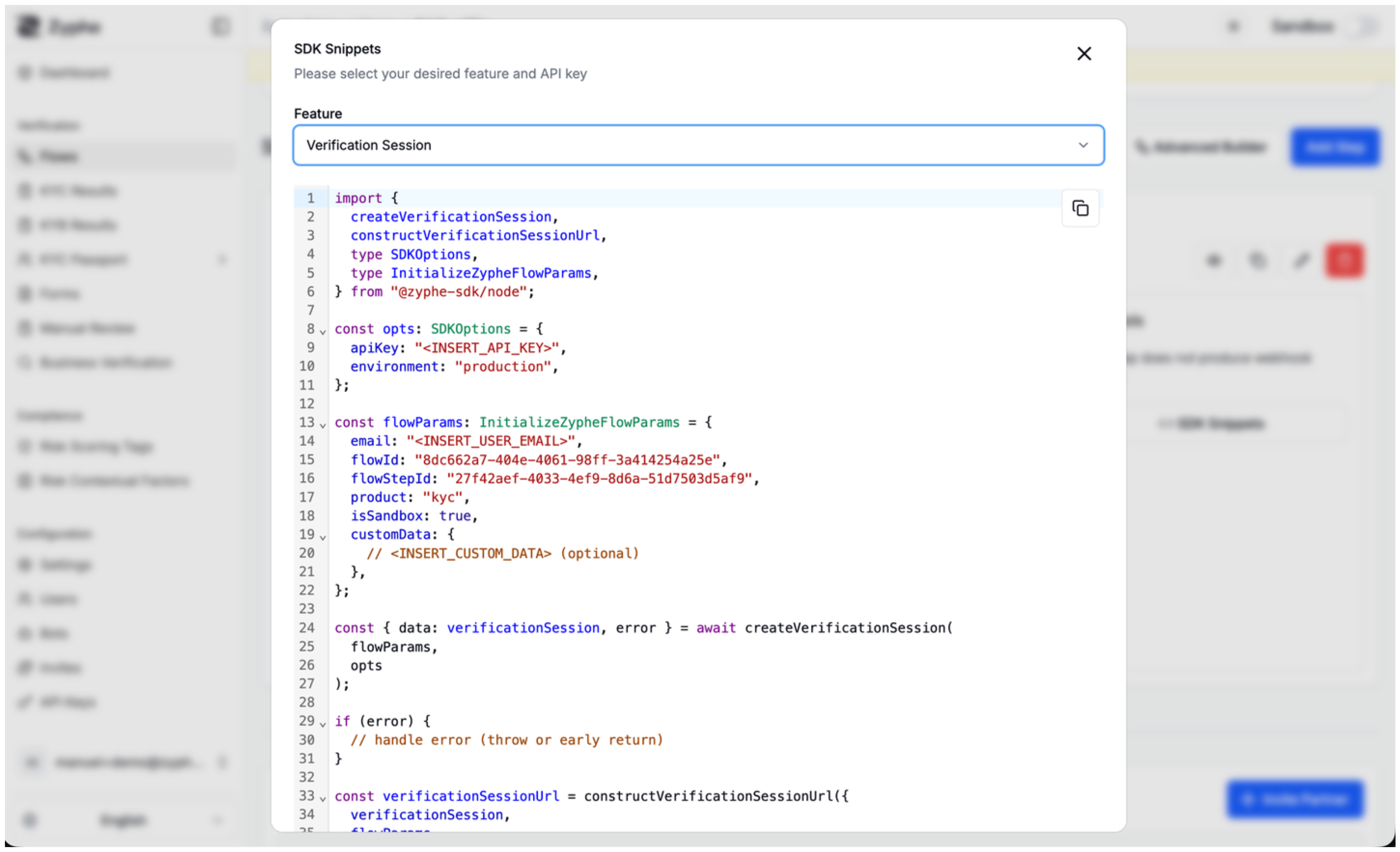 SDK snippets panel for a flow step
