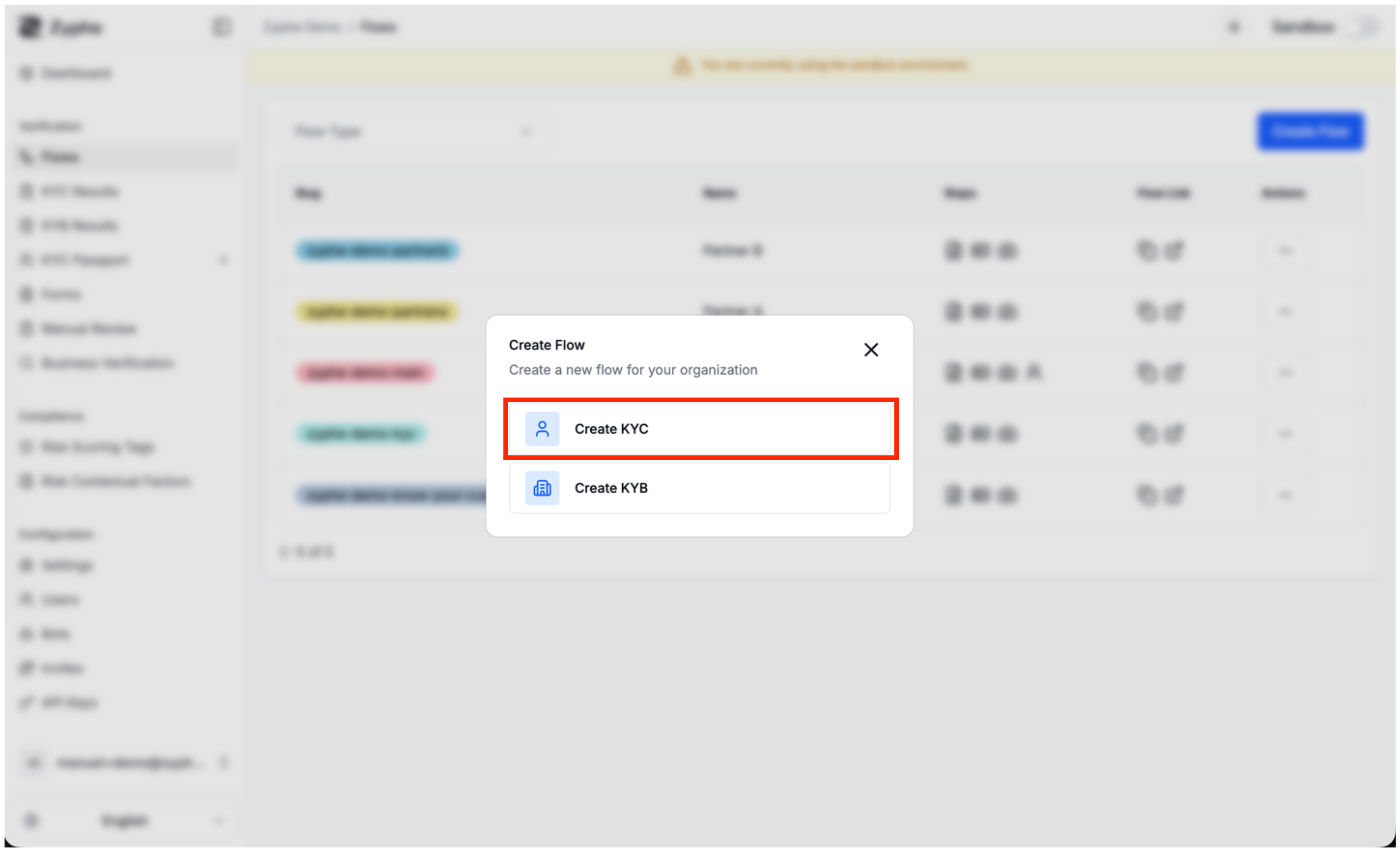Create Flow dialog with KYC and KYB flow types