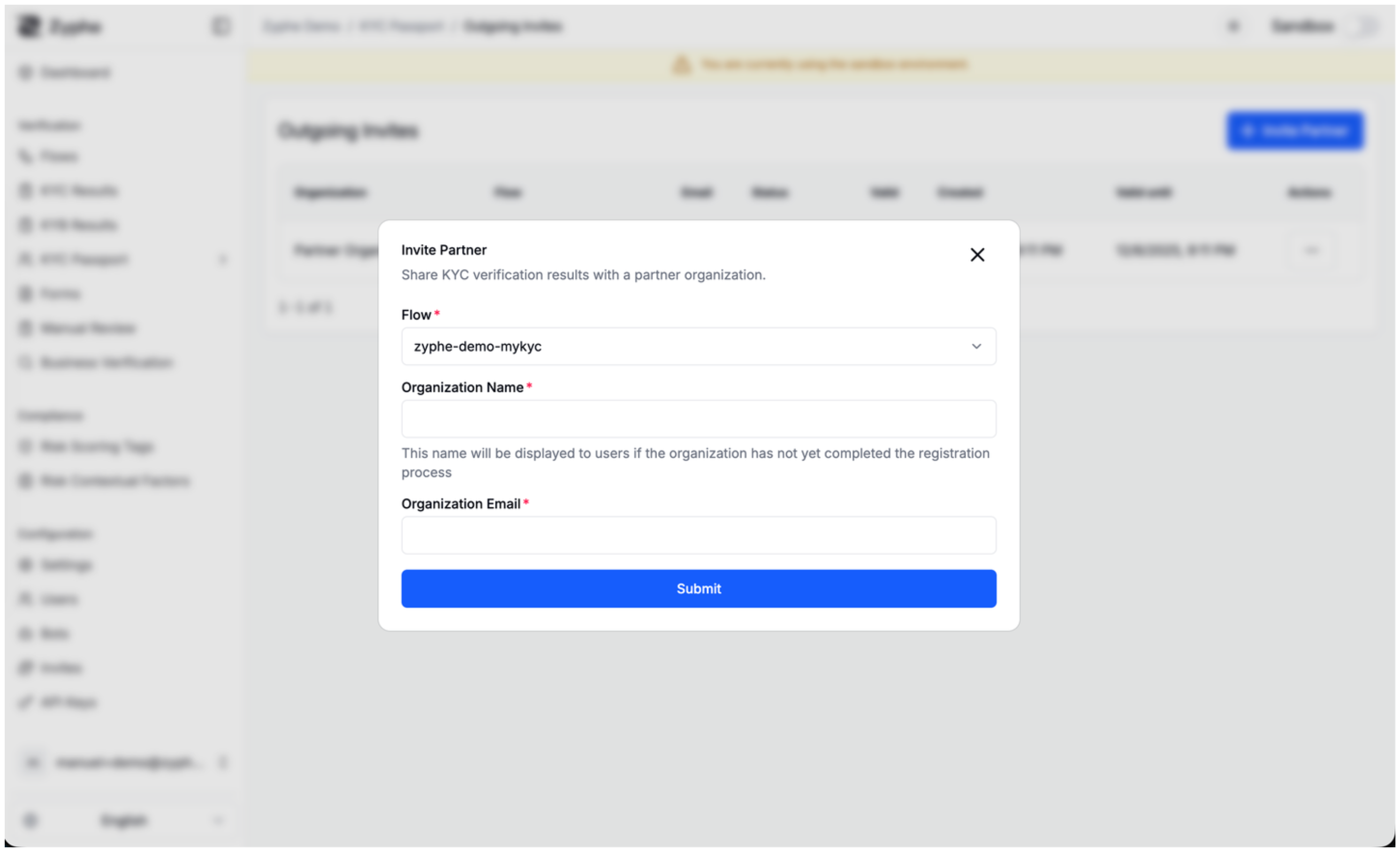 Partner invitation modal with flow, organization name, and organization email fields