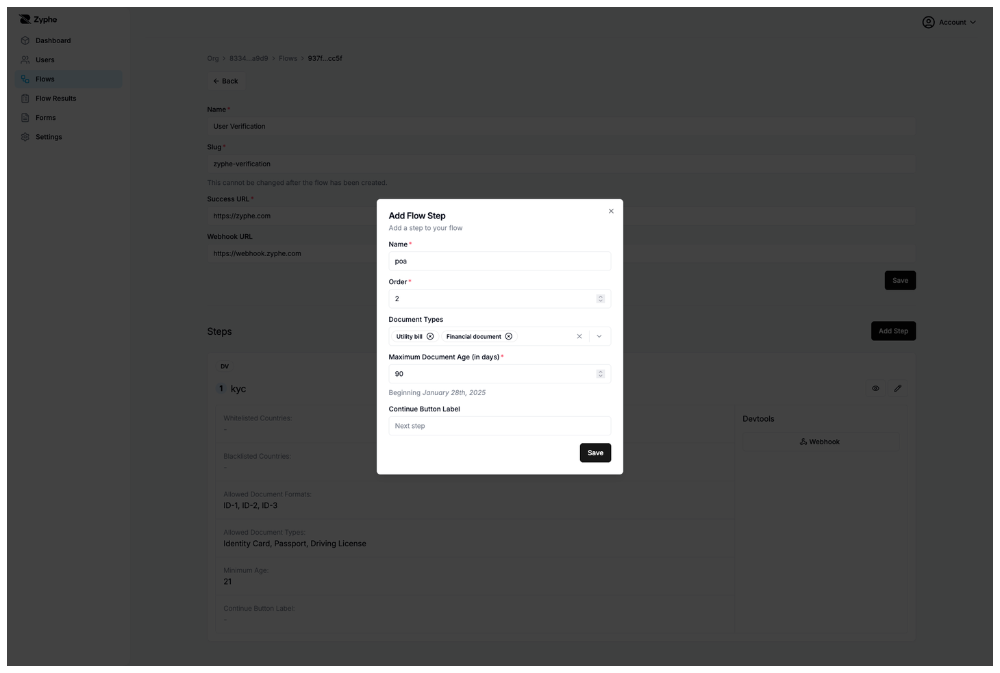 Proof of Address step configuration with document types and maximum document age