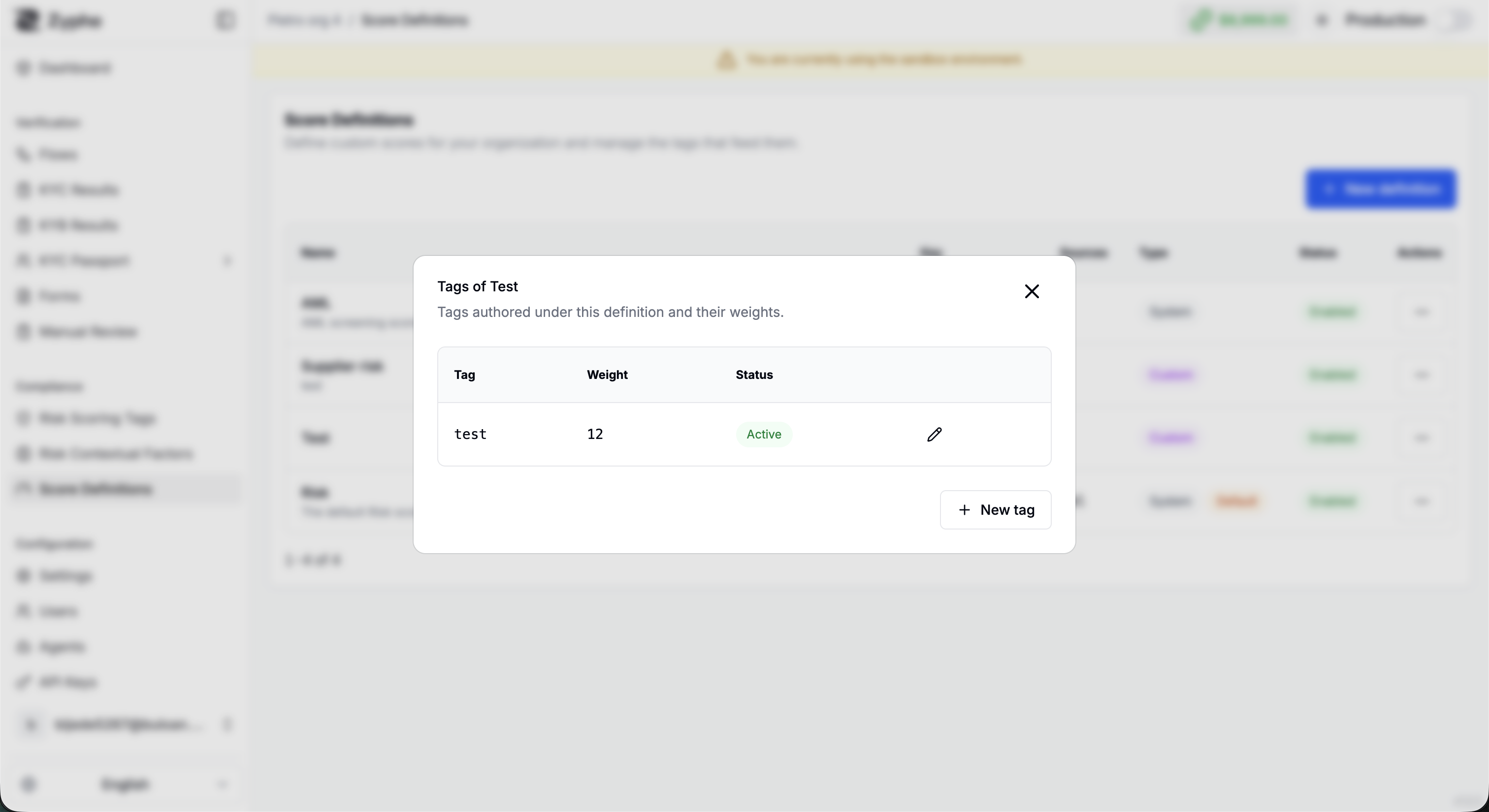 Manage tags dialog with tag, weight, and status columns